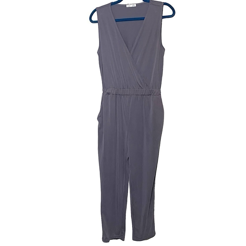 Dex Gray Hi Rise Jumpsuit Modal Blend Sz S Sleeveless Wrap V Neck Belted Romper - Picture 5 of 14